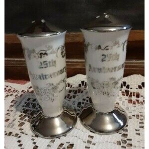 Vintage Salt and Pepper Shakers 25th Anniversary Silver Tops Hour Glass Shape